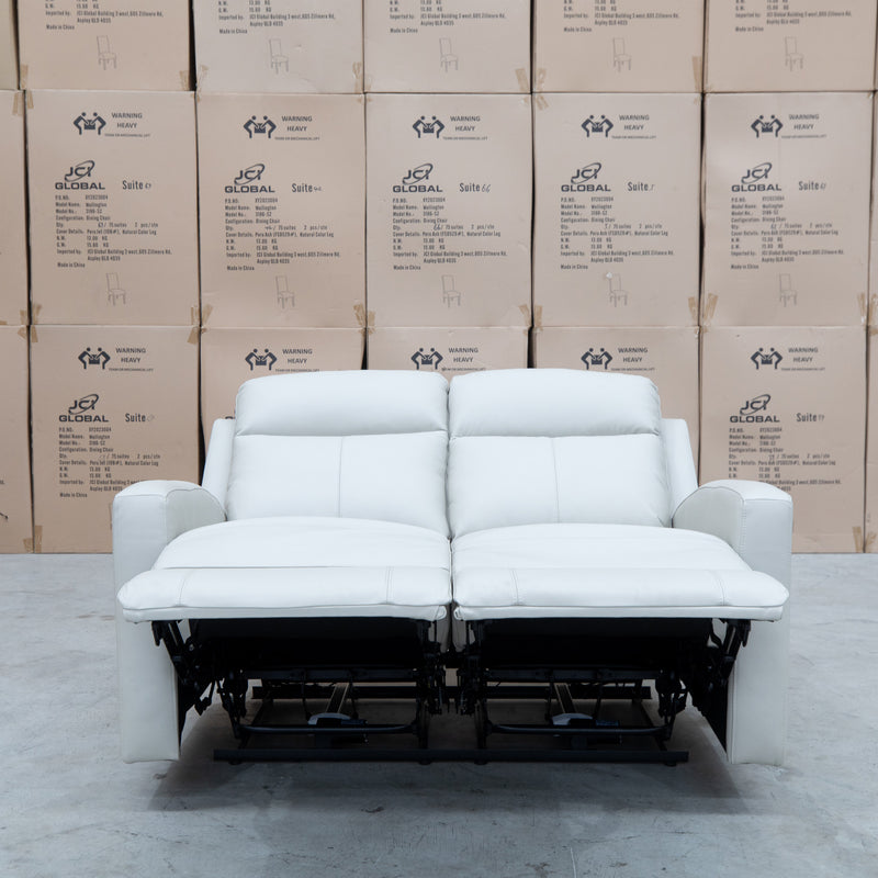 The Olsen Dual-Motor Two Seat Recliner Suite - Beige Leather available to purchase from Warehouse Furniture Clearance at our next sale event.