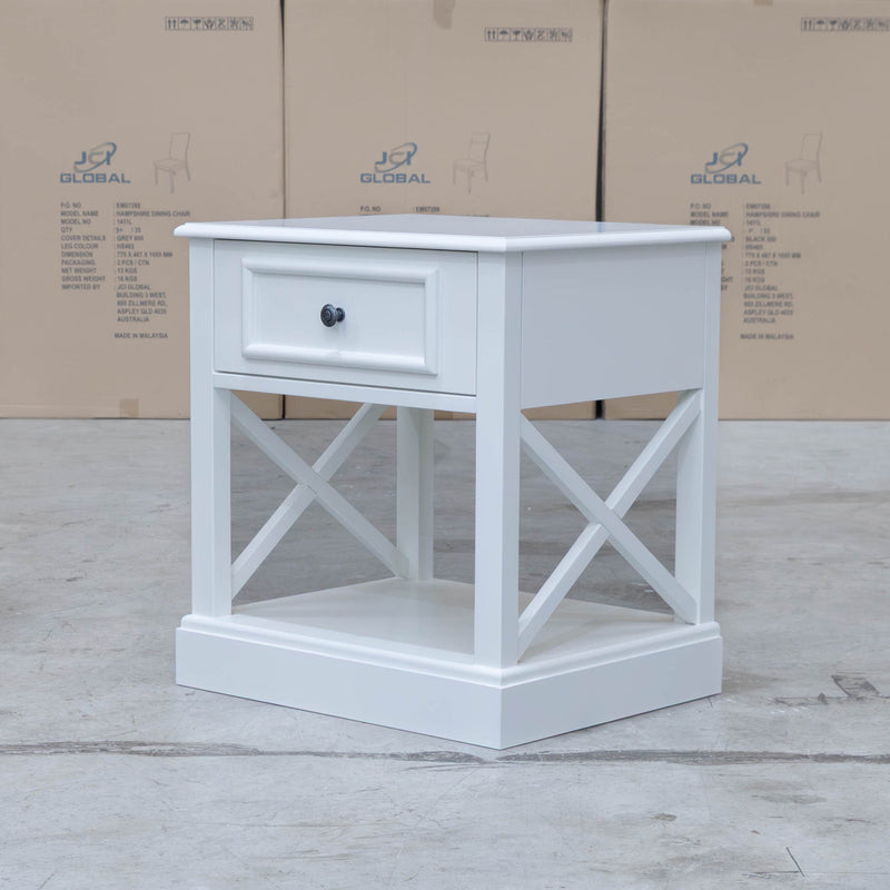 The Hampton 1 Drawer Bedside - Style 3 available to purchase from Warehouse Furniture Clearance at our next sale event.
