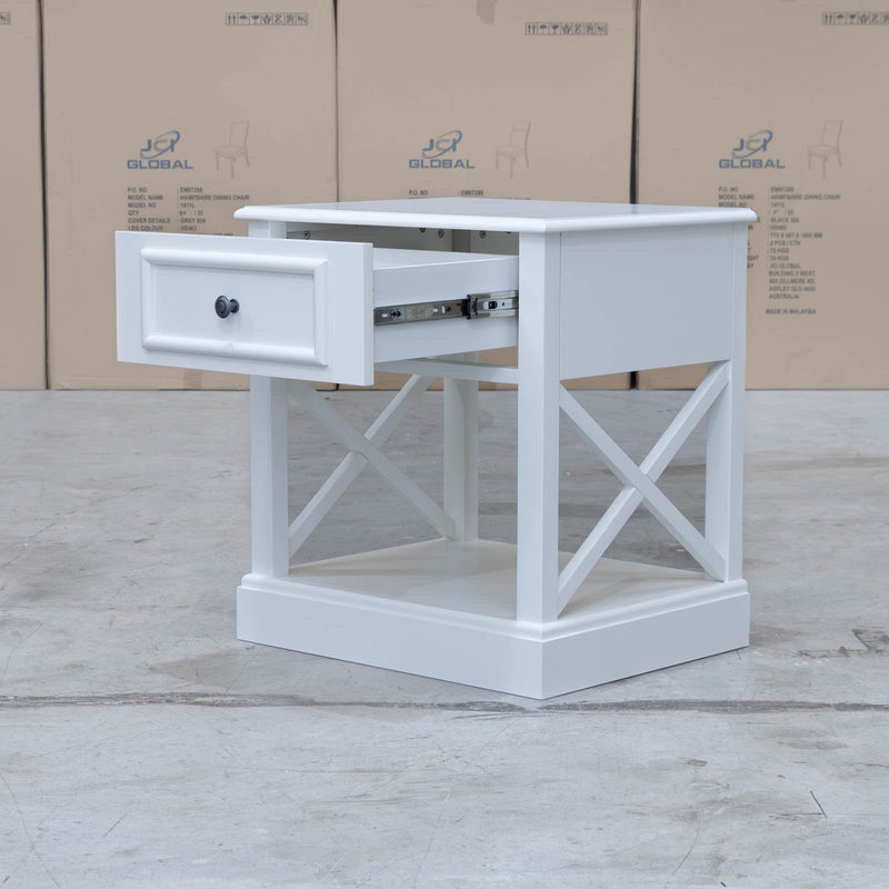 The Hampton 1 Drawer Bedside - Style 3 available to purchase from Warehouse Furniture Clearance at our next sale event.