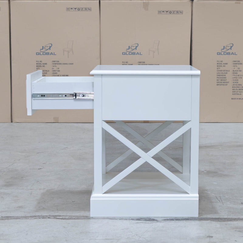 The Hampton 1 Drawer Bedside - Style 3 available to purchase from Warehouse Furniture Clearance at our next sale event.