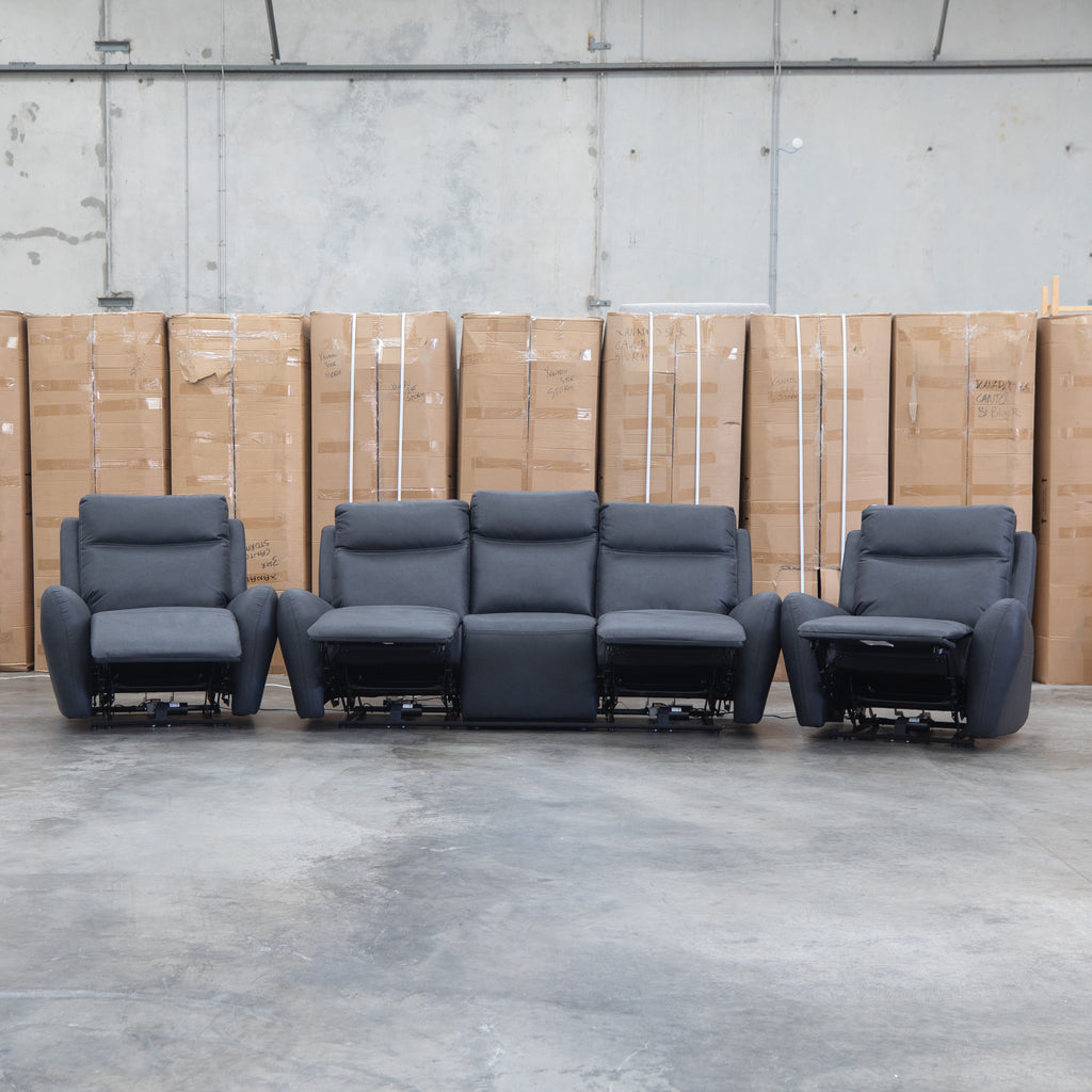 The Palm Cove Three Seater Triple Motor Electric Recliner Lounge - Coal available to purchase from Warehouse Furniture Clearance at our next sale event.