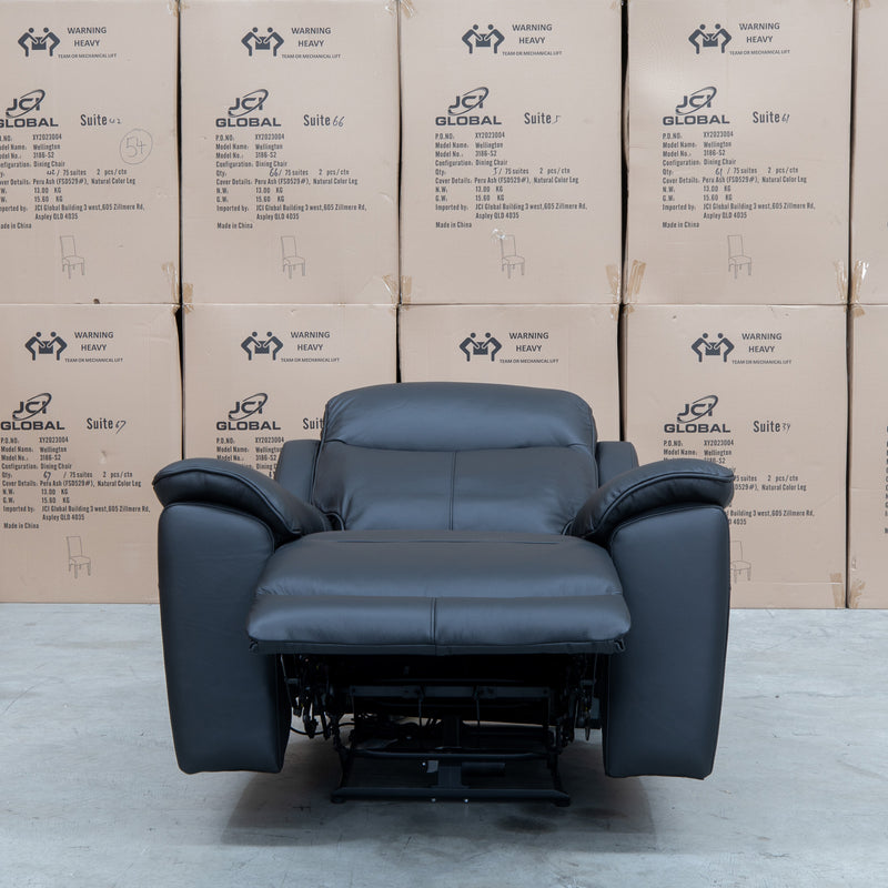 The Panama Triple Motor Electric Single Recliner - Black Leather available to purchase from Warehouse Furniture Clearance at our next sale event.