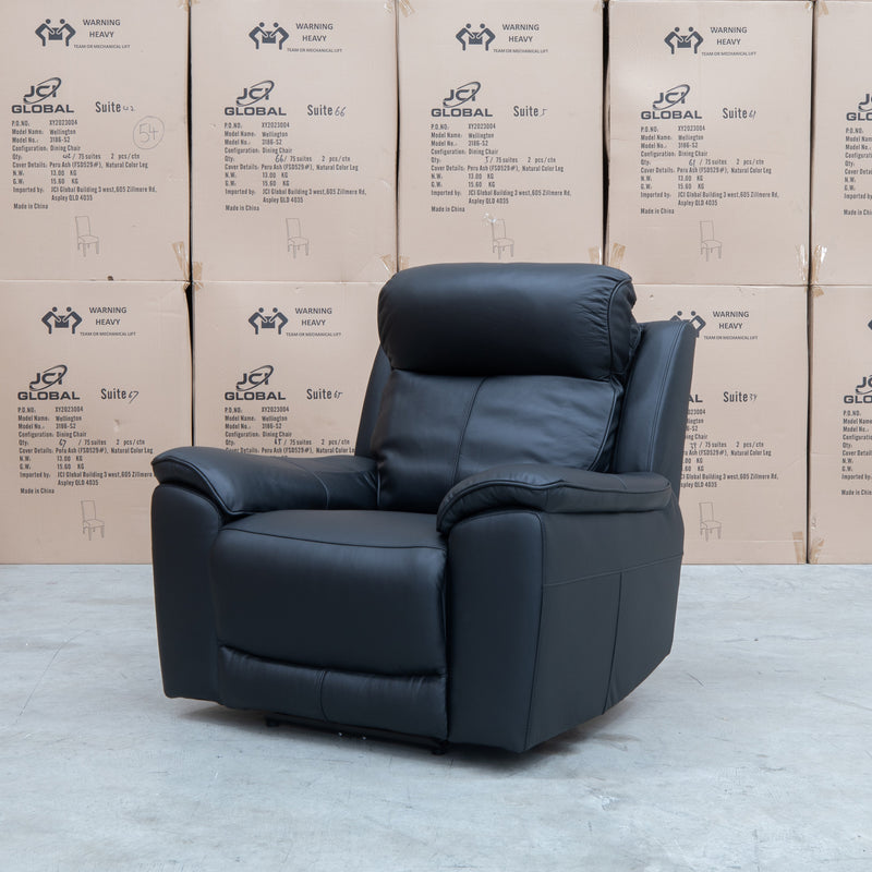 The Panama Triple Motor Electric Single Recliner - Black Leather available to purchase from Warehouse Furniture Clearance at our next sale event.