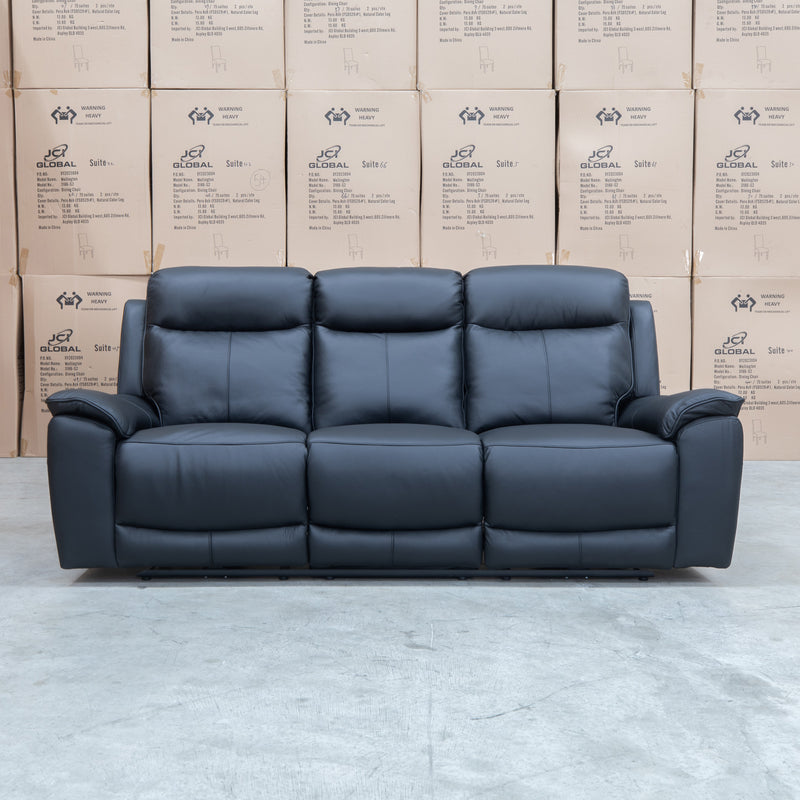 The Panama Three Seater Triple Motor Electric Recliner Lounge - Black Leather available to purchase from Warehouse Furniture Clearance at our next sale event.