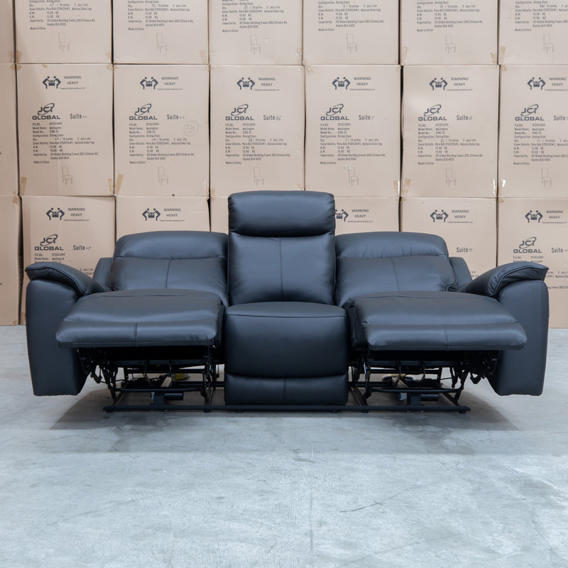 The Panama Three Seater Triple Motor Electric Recliner Lounge - Black Leather available to purchase from Warehouse Furniture Clearance at our next sale event.