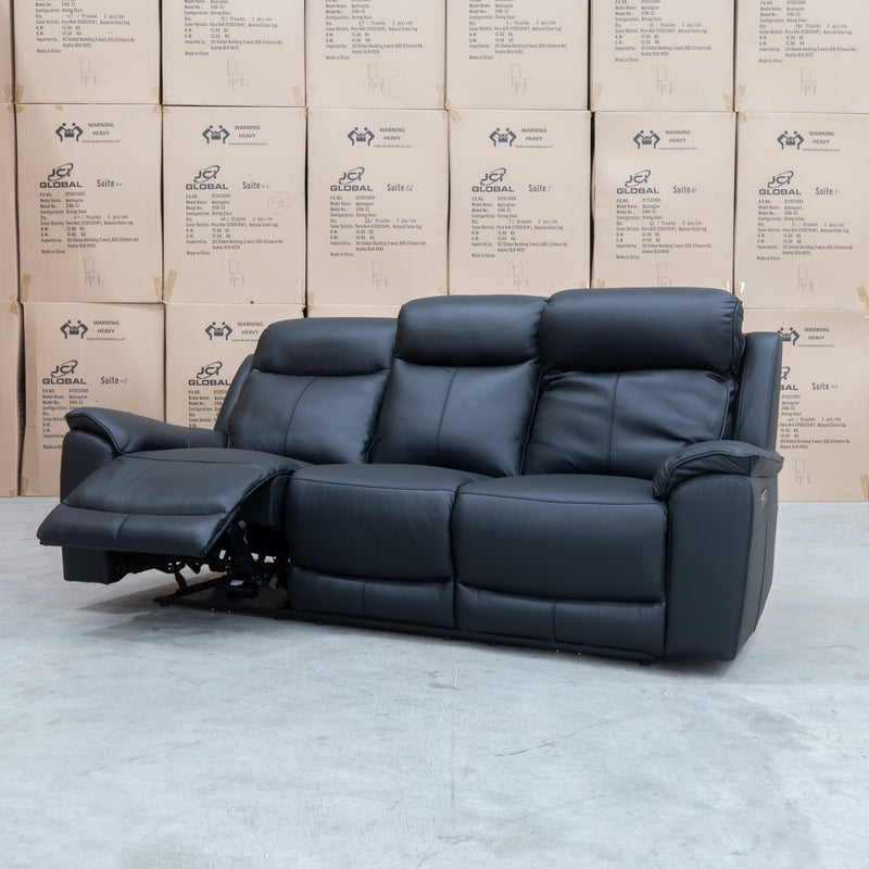 The Panama Three Seater Triple Motor Electric Recliner Lounge - Black Leather available to purchase from Warehouse Furniture Clearance at our next sale event.