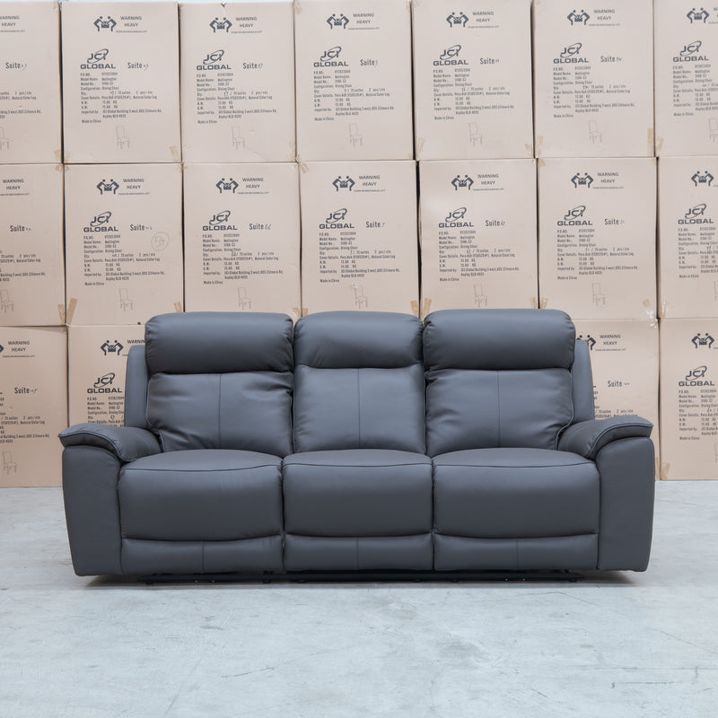 The Panama Three Seater Triple Motor Electric Recliner Lounge - Storm Leather available to purchase from Warehouse Furniture Clearance at our next sale event.