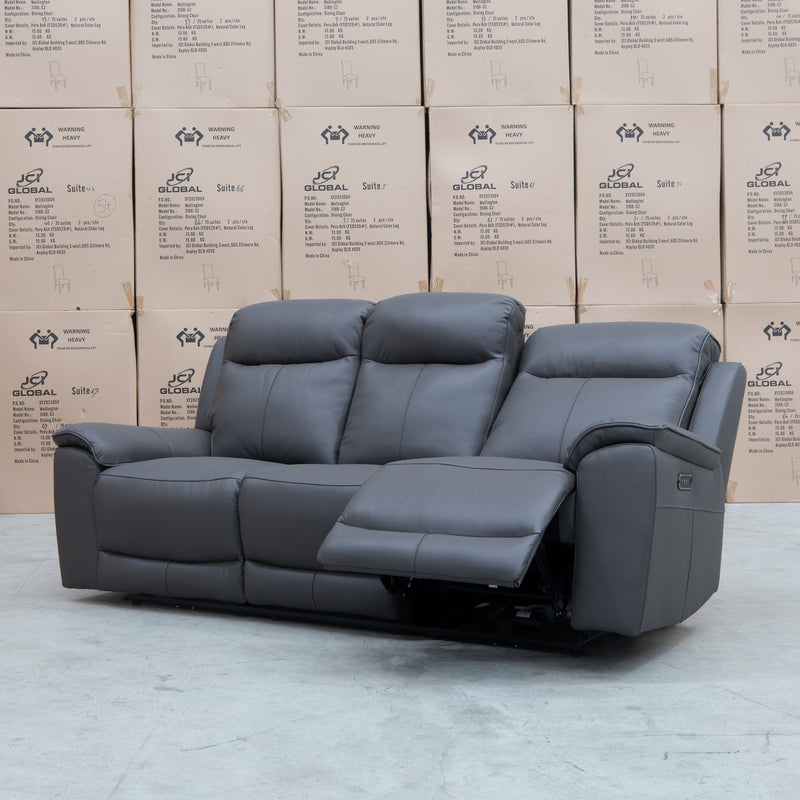 The Panama Three Seater Triple Motor Electric Recliner Lounge - Storm Leather available to purchase from Warehouse Furniture Clearance at our next sale event.