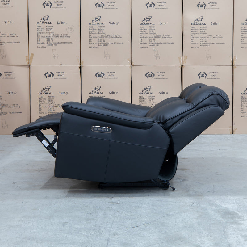 The Panama Two Seater Triple Motor Electric Recliner Lounge - Black Leather available to purchase from Warehouse Furniture Clearance at our next sale event.