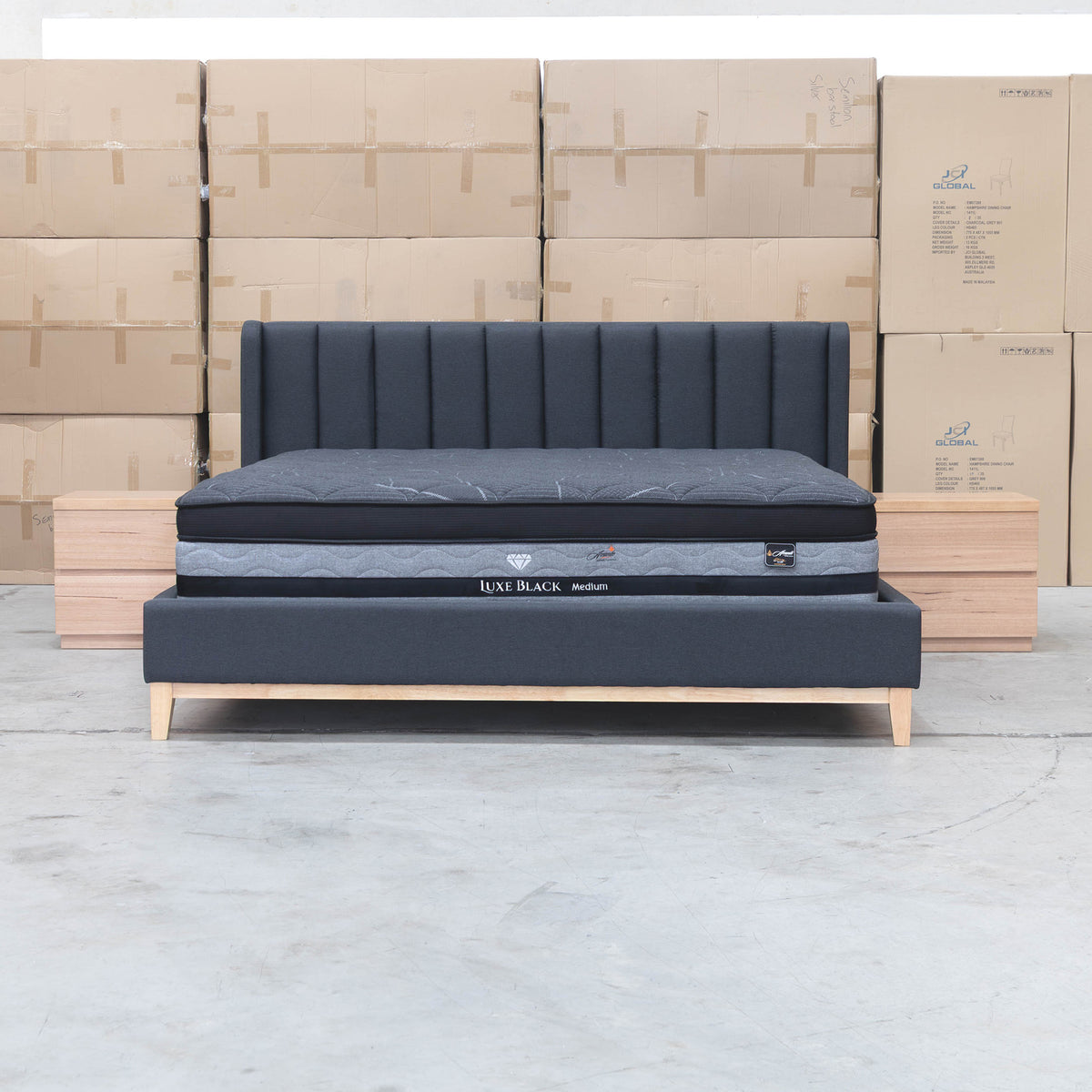 The Paros Double Upholstered Bed - Charcoal - PRE ORDER Available After 23rd October available to purchase from Warehouse Furniture Clearance at our next sale event.
