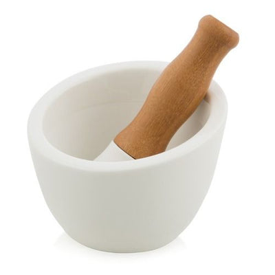 The Porcelain Mortar & Pestle Bowl Set with Wooden Bamboo Handle - White - CJ03 - Available In-Store Only available to purchase from Warehouse Furniture Clearance at our next sale event.