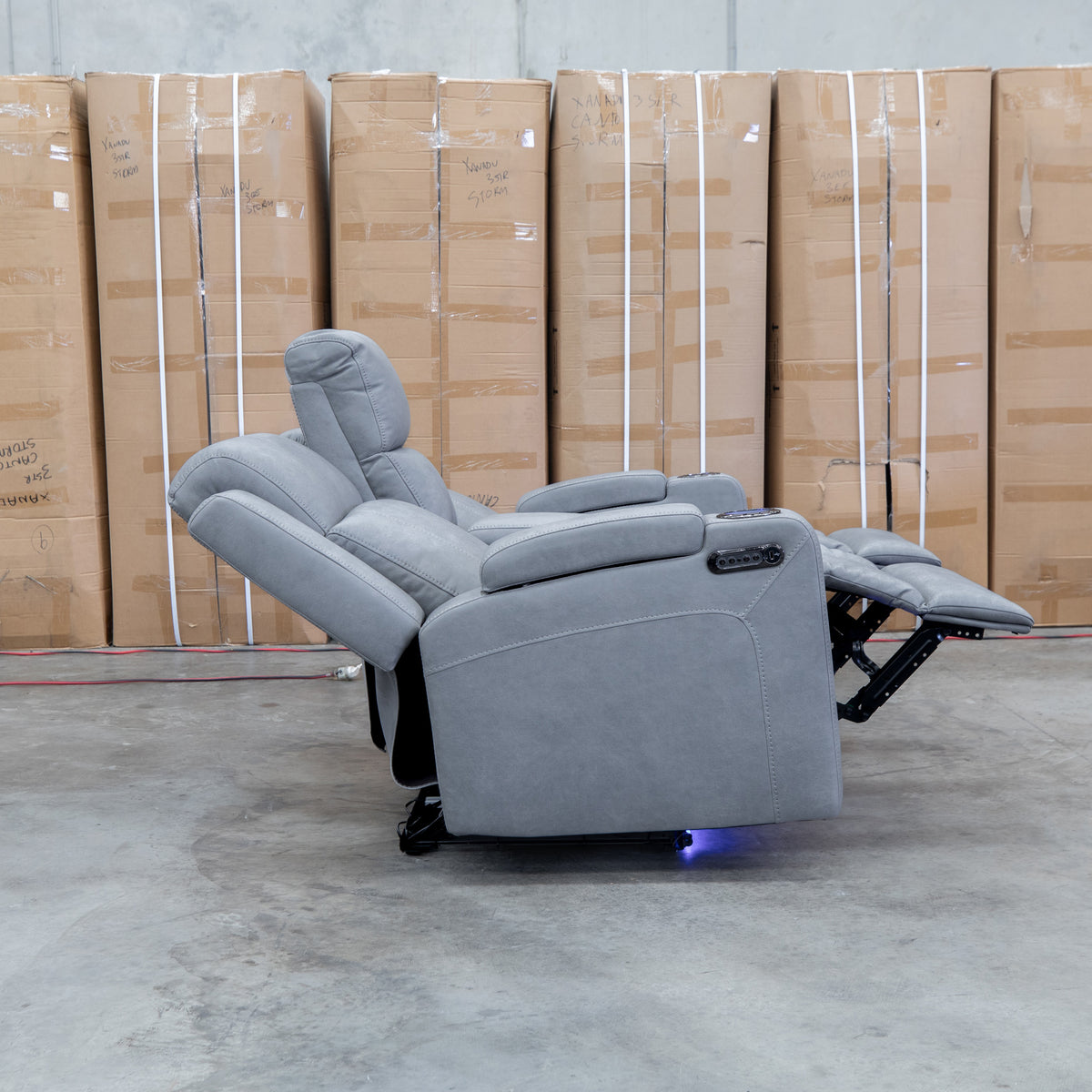 The Portside Two Seat Dual-Electric Recliner Lounge - Shadow available to purchase from Warehouse Furniture Clearance at our next sale event.
