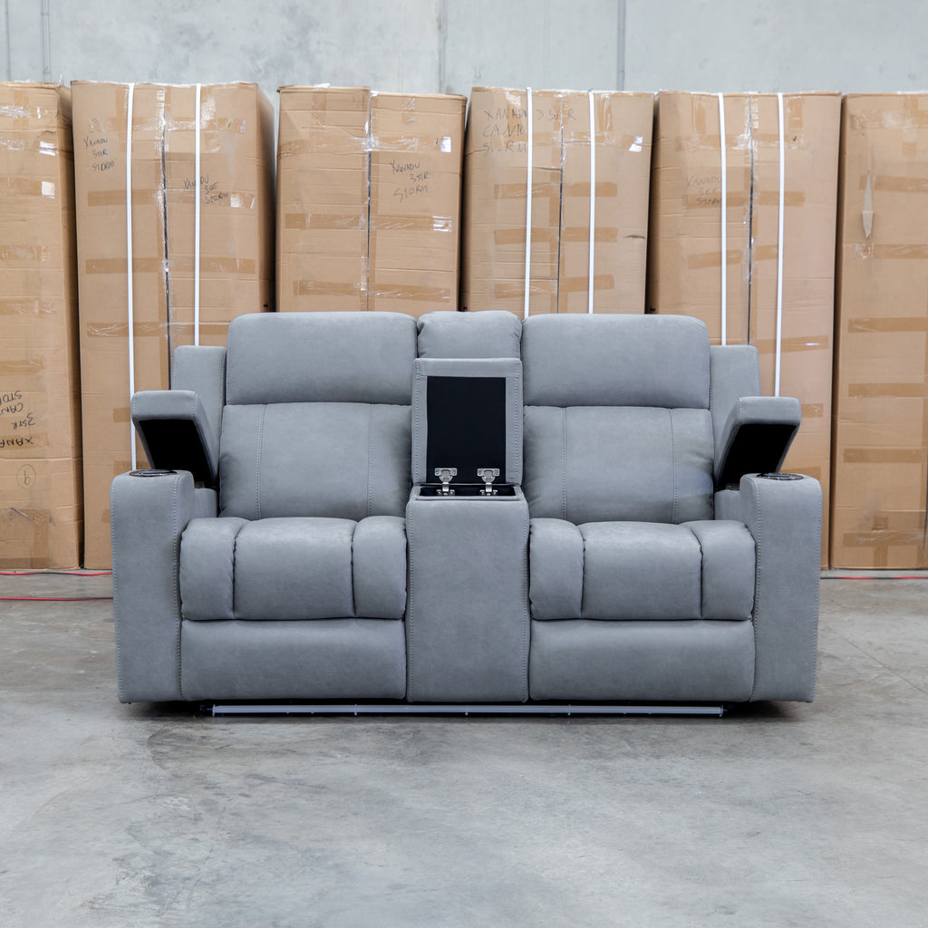 The Portside Two Seat Dual-Electric Recliner Lounge - Shadow available to purchase from Warehouse Furniture Clearance at our next sale event.