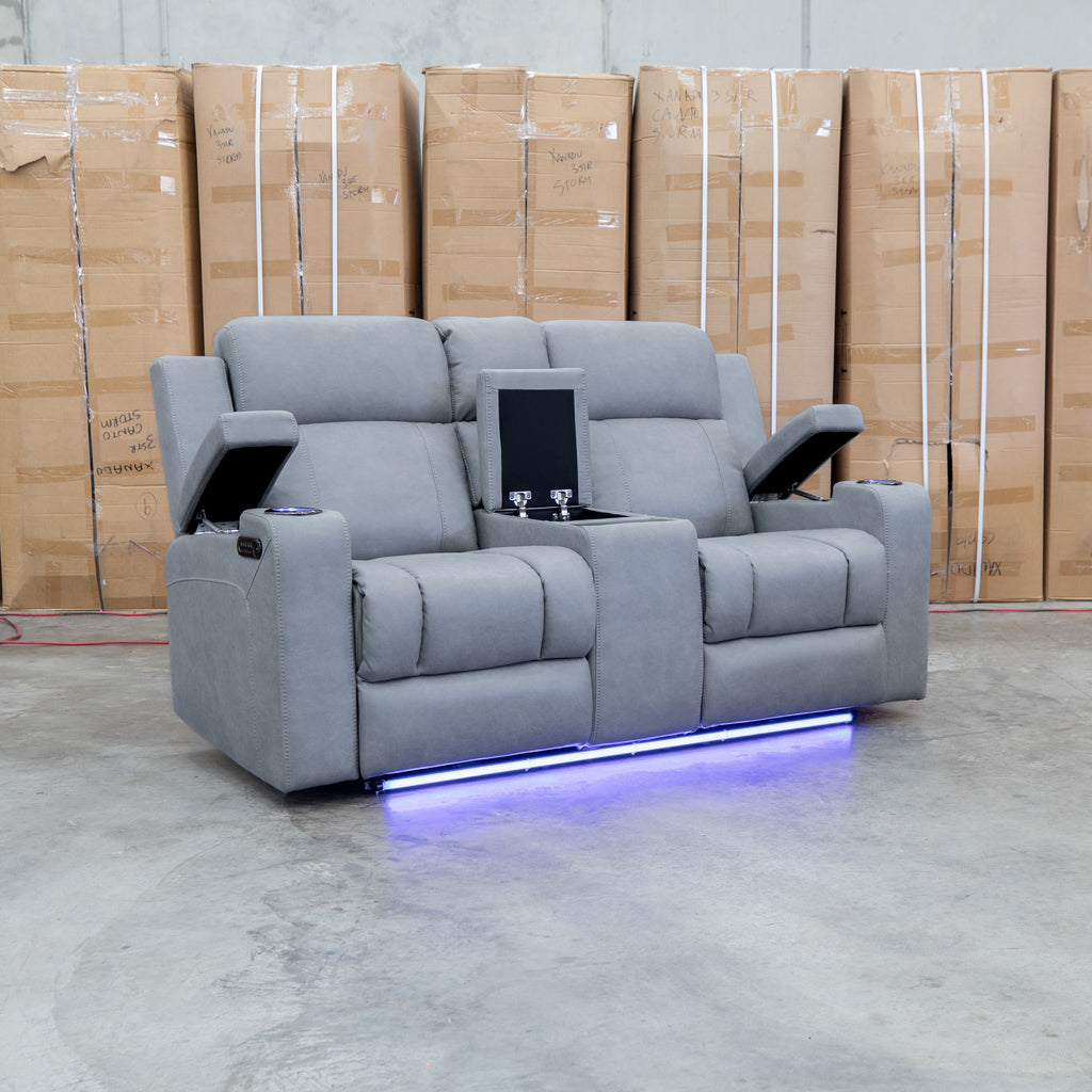 The Portside Two Seat Dual-Electric Recliner Lounge - Shadow available to purchase from Warehouse Furniture Clearance at our next sale event.