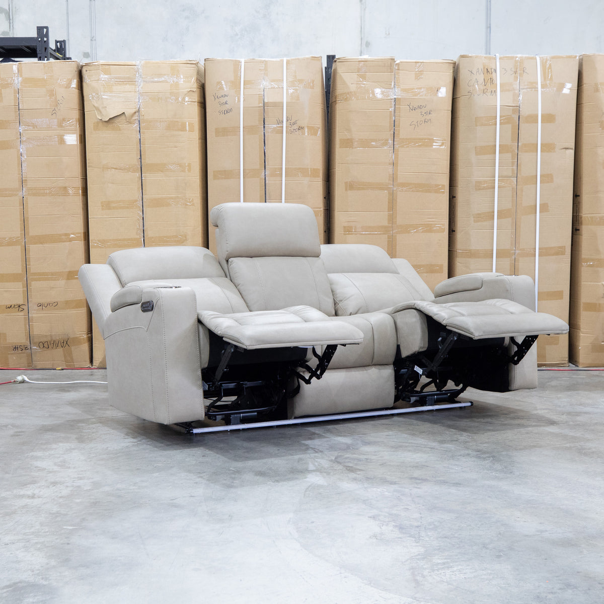 The Portside Three Seat Dual-Electric Recliner Lounge - Almond available to purchase from Warehouse Furniture Clearance at our next sale event.