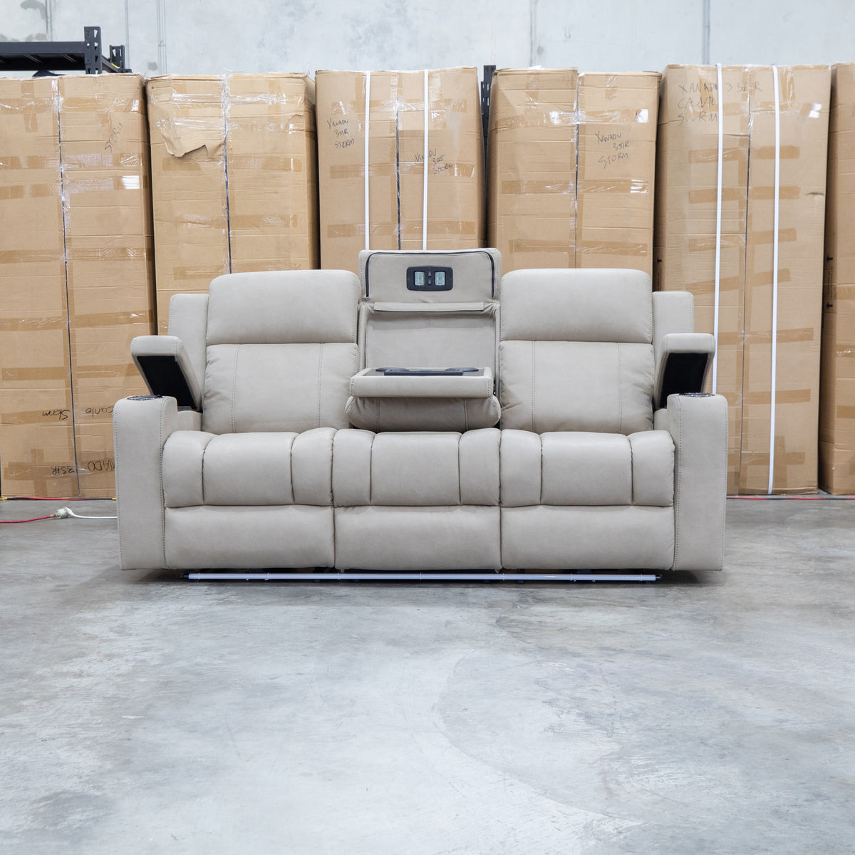 The Portside Three Seat Dual-Electric Recliner Lounge - Almond available to purchase from Warehouse Furniture Clearance at our next sale event.