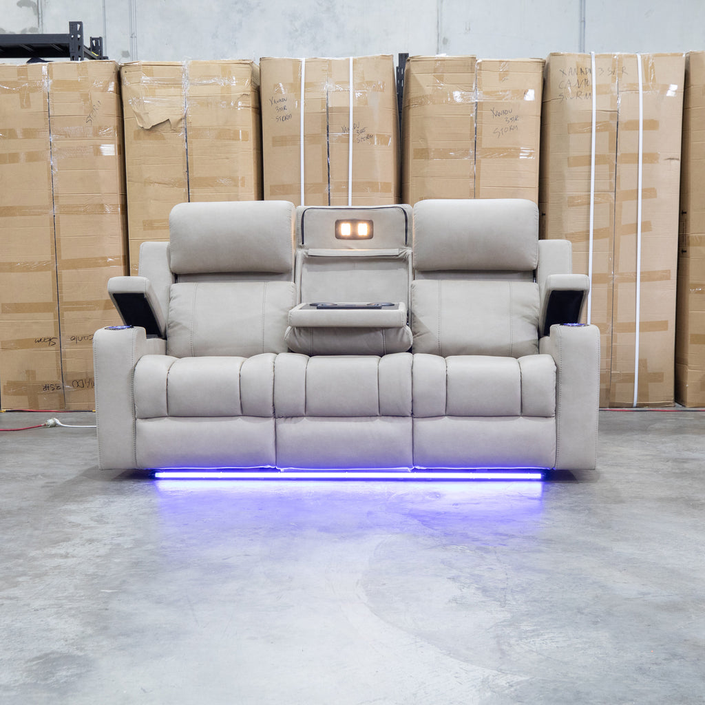 The Portside Three Seat Dual-Electric Recliner Lounge - Almond available to purchase from Warehouse Furniture Clearance at our next sale event.