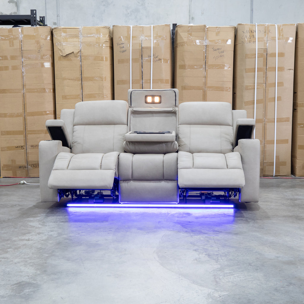 The Portside Three Seat Dual-Electric Recliner Lounge - Almond available to purchase from Warehouse Furniture Clearance at our next sale event.