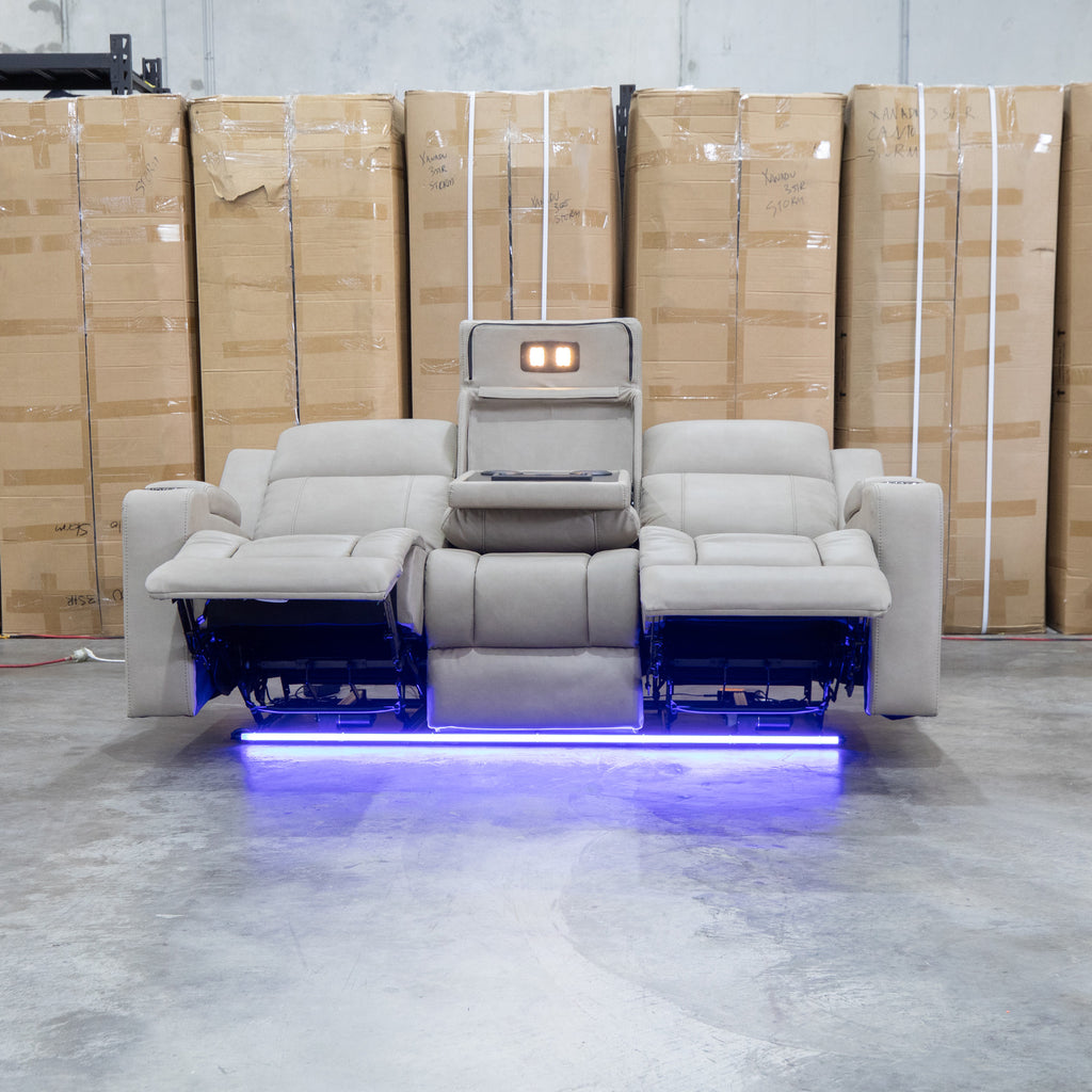 The Portside Three Seat Dual-Electric Recliner Lounge - Almond available to purchase from Warehouse Furniture Clearance at our next sale event.
