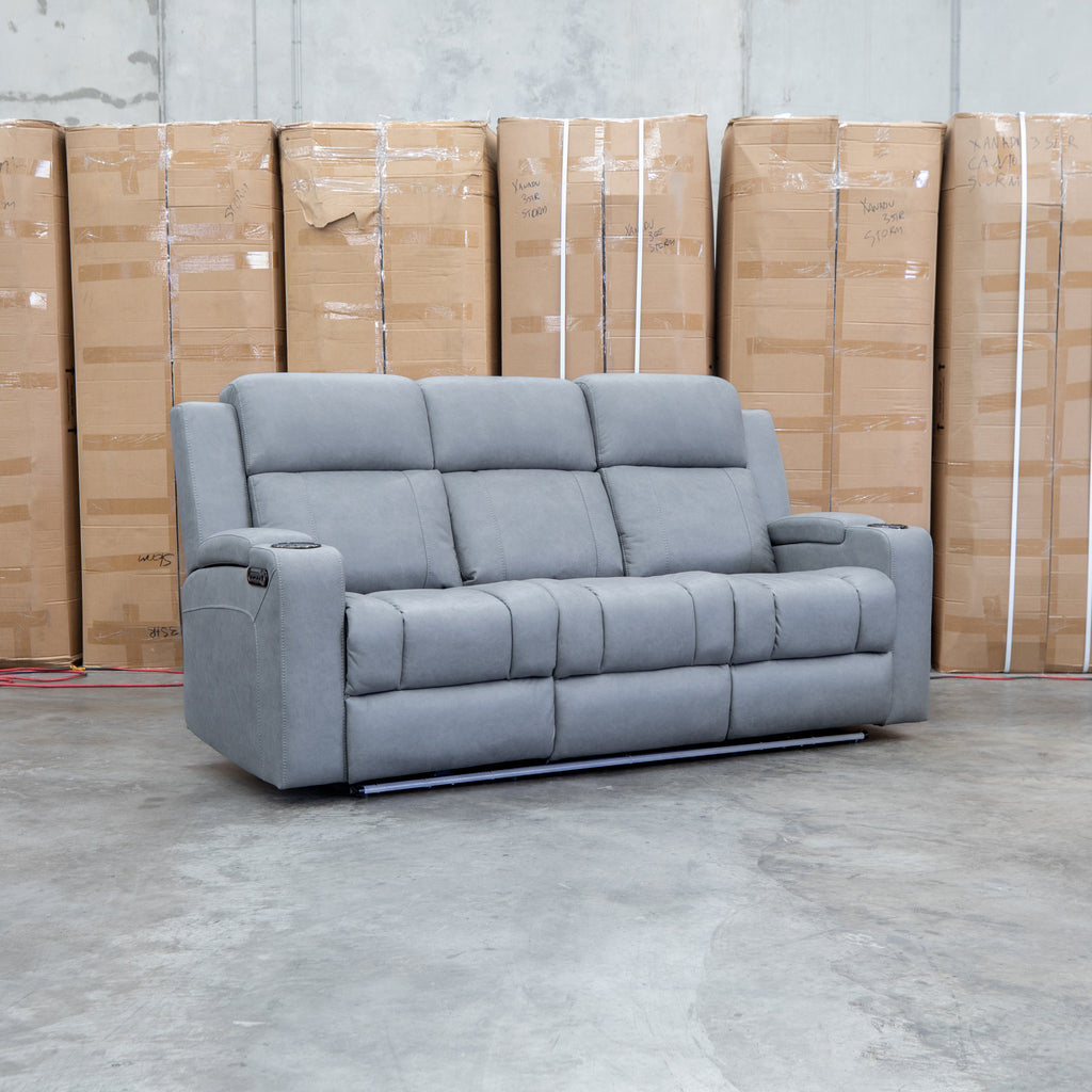 The Portside Three Seat Dual-Electric Recliner Lounge - Shadow available to purchase from Warehouse Furniture Clearance at our next sale event.