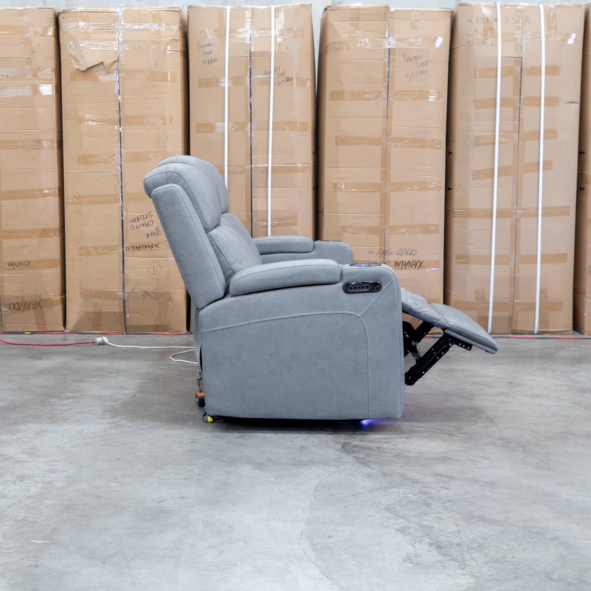 The Portside Three Seat Dual-Electric Recliner Lounge - Shadow available to purchase from Warehouse Furniture Clearance at our next sale event.