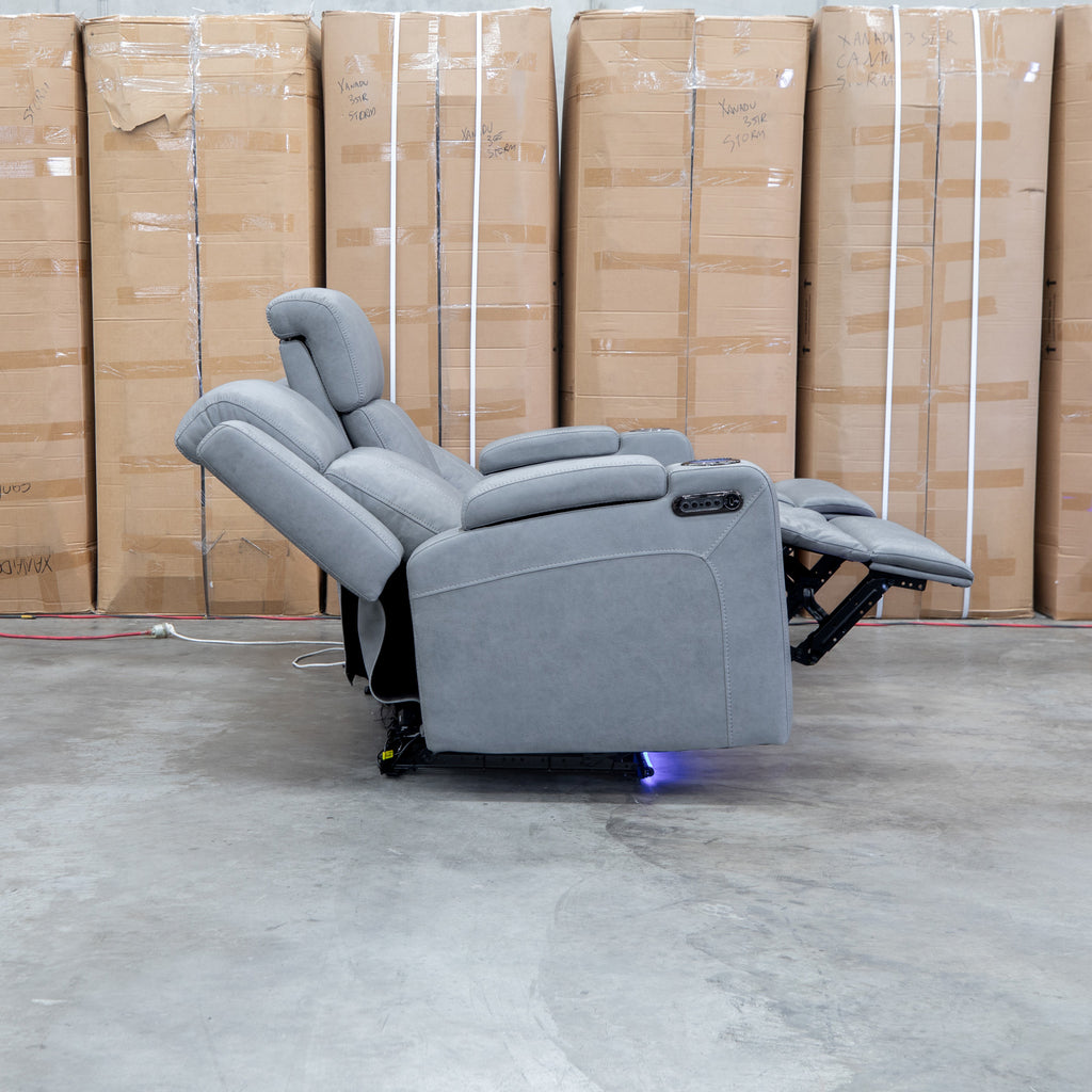 The Portside Three Seat Dual-Electric Recliner Lounge - Shadow available to purchase from Warehouse Furniture Clearance at our next sale event.