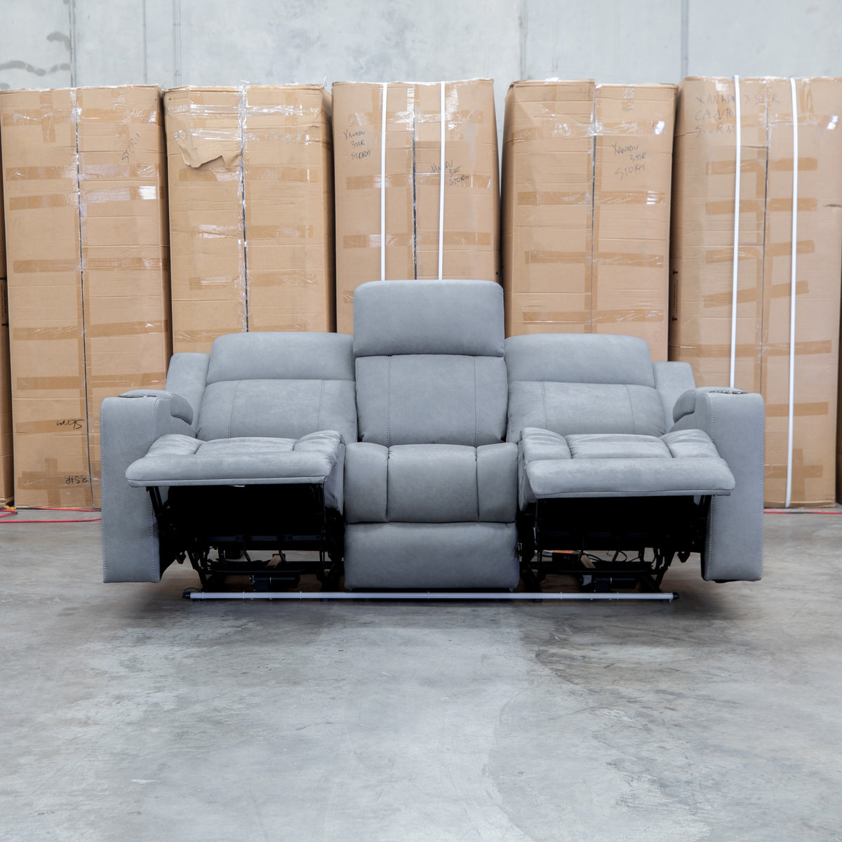 The Portside Three Seat Dual-Electric Recliner Lounge - Shadow available to purchase from Warehouse Furniture Clearance at our next sale event.