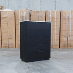 The Province Five Drawer Tallboy - Black & White Jazz Top available to purchase from Warehouse Furniture Clearance at our next sale event.