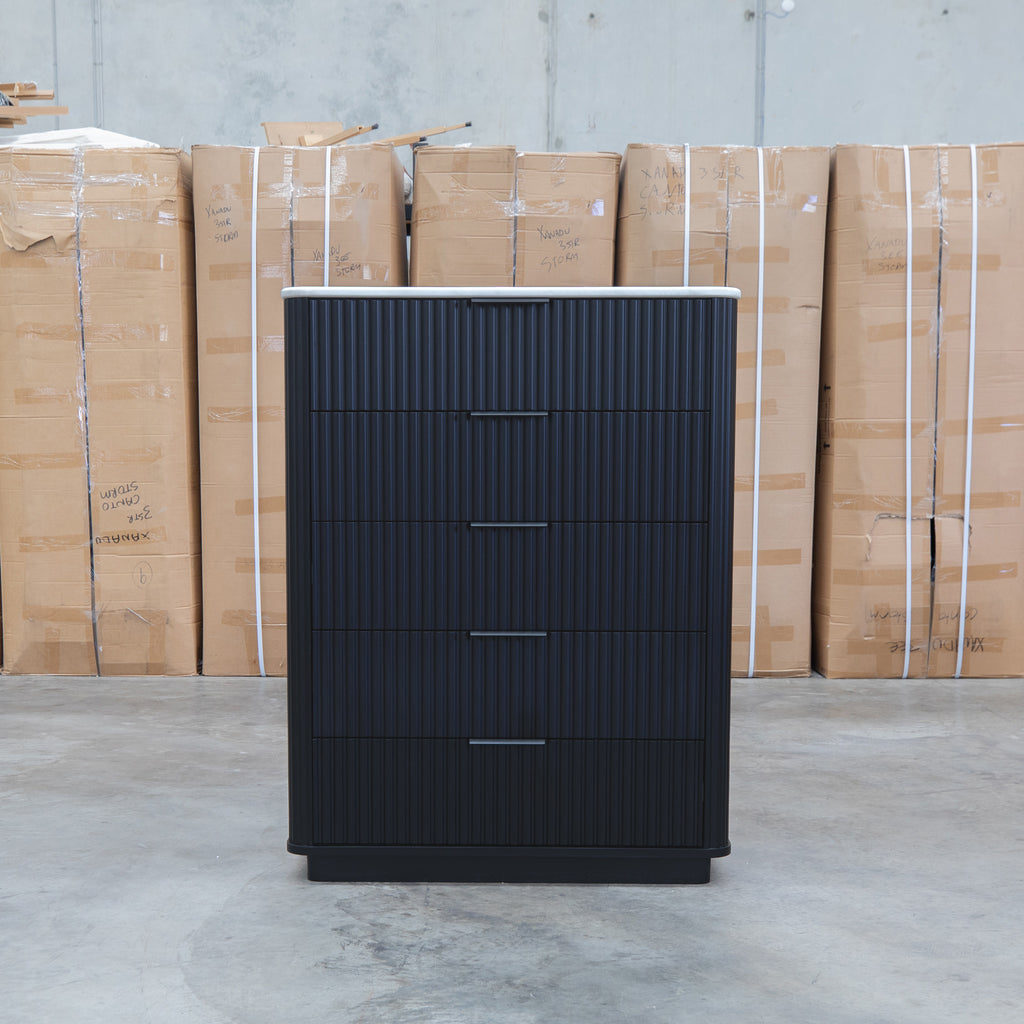 The Province Five Drawer Tallboy - Black & White Jazz Top available to purchase from Warehouse Furniture Clearance at our next sale event.