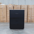 The Province Five Drawer Tallboy - Black & White Jazz Top available to purchase from Warehouse Furniture Clearance at our next sale event.