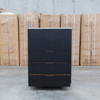 The Province Five Drawer Tallboy - Black & White Jazz Top available to purchase from Warehouse Furniture Clearance at our next sale event.