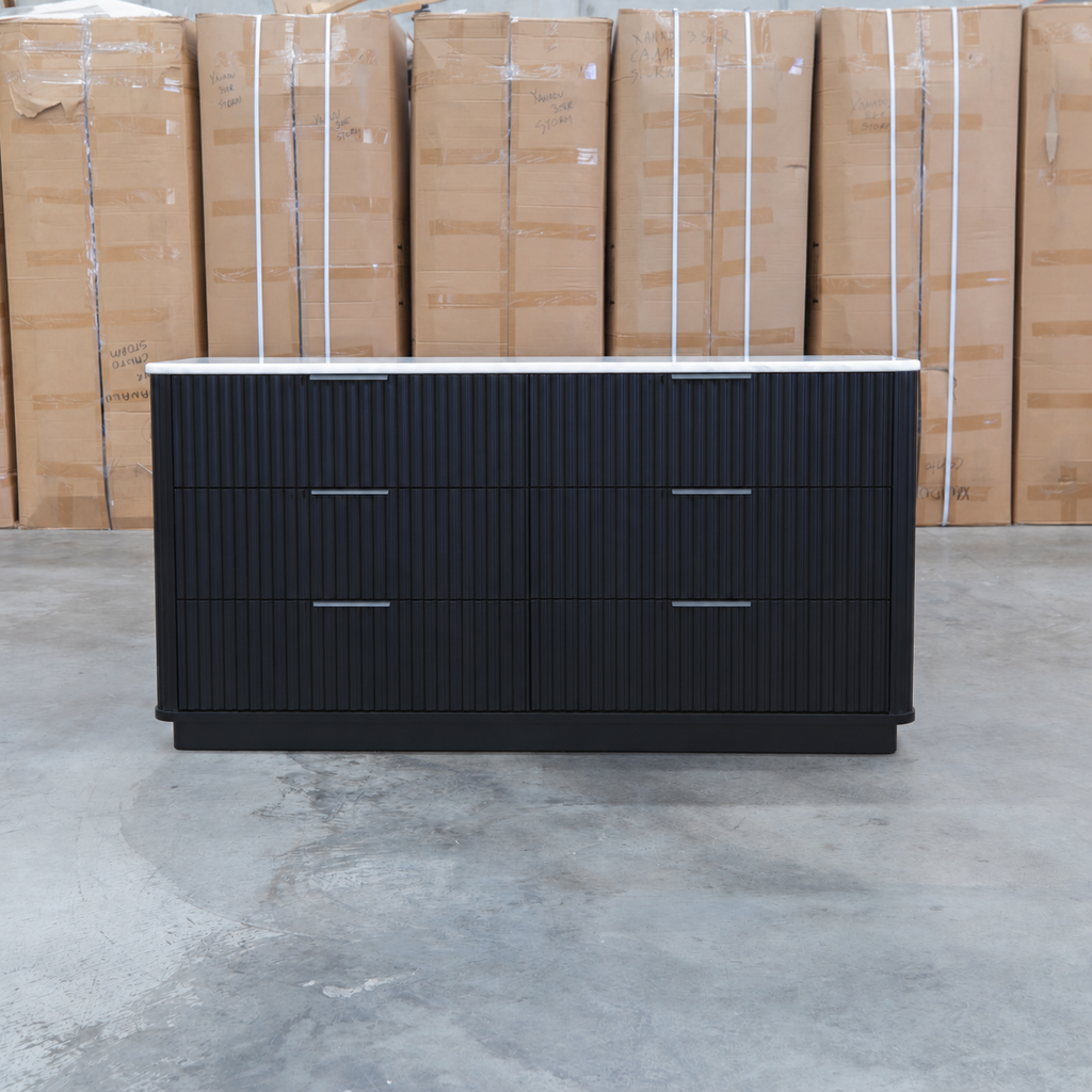The Province Six Drawer Dresser - Black & White Jazz Top available to purchase from Warehouse Furniture Clearance at our next sale event.