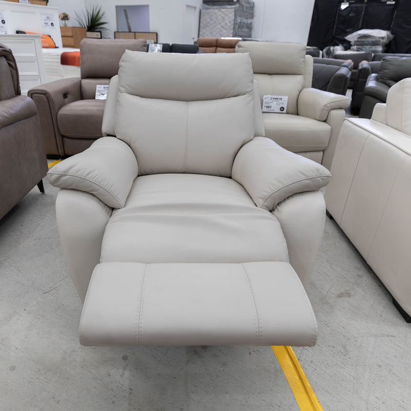 The RS-11102-Y Single leather electric recliner - Frost - Floor Stock available to purchase from Warehouse Furniture Clearance at our next sale event.
