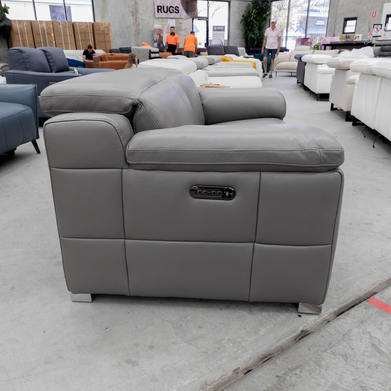 The RS-11583-PR Two seat full leather dual motor recliner - Elephant - Floor Stock available to purchase from Warehouse Furniture Clearance at our next sale event.