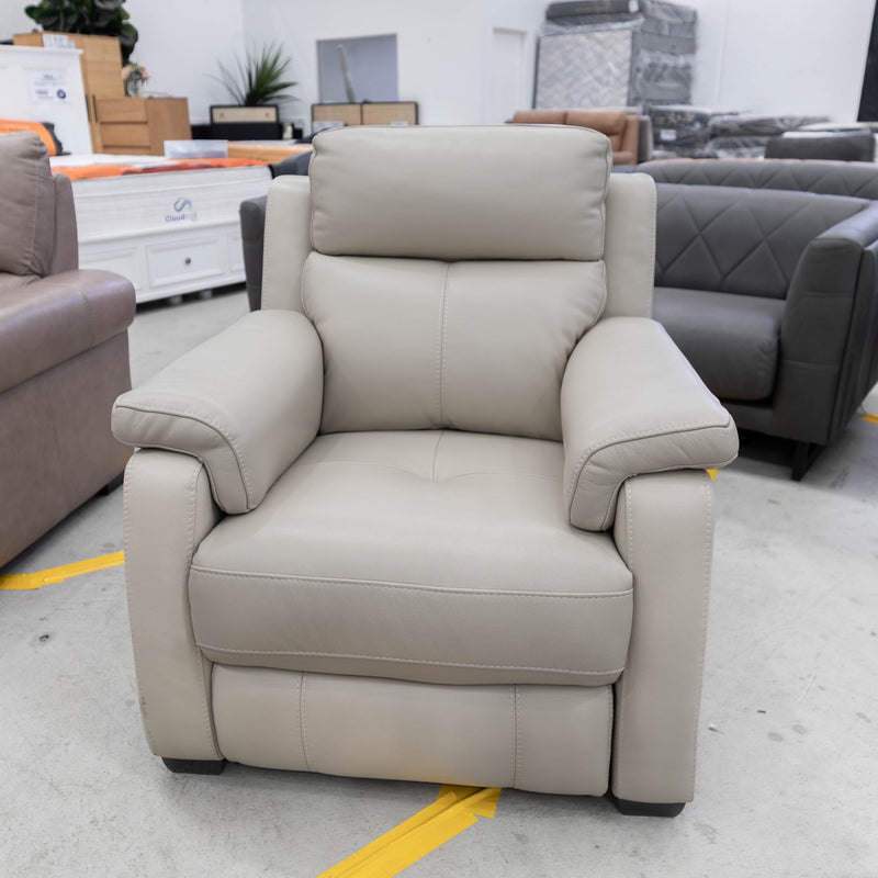 The RS-9495-PR Single leather dual motor recliner - Silver Grey - Floor Stock available to purchase from Warehouse Furniture Clearance at our next sale event.