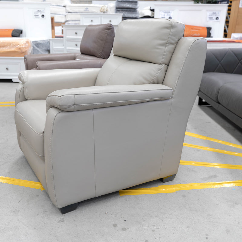 The RS-9495-PR Single leather dual motor recliner - Silver Grey - Floor Stock available to purchase from Warehouse Furniture Clearance at our next sale event.