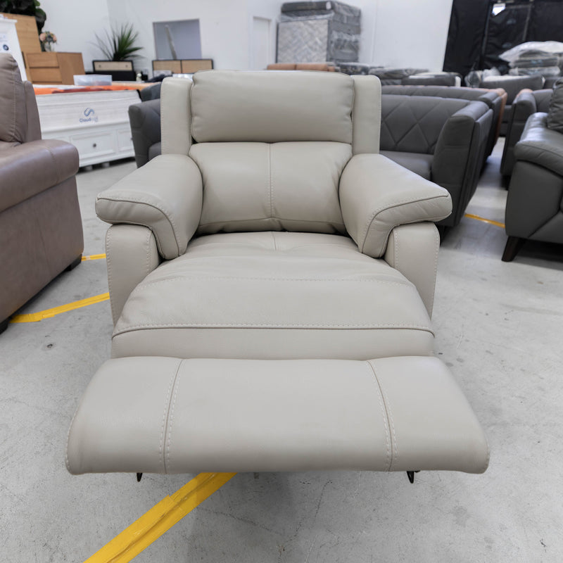 The RS-9495-PR Single leather dual motor recliner - Silver Grey - Floor Stock available to purchase from Warehouse Furniture Clearance at our next sale event.