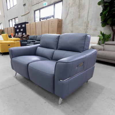 The RS-A0581-PRUKY 2 seat leather dual motor recliner suite - Ocean Blue - Floor Stock available to purchase from Warehouse Furniture Clearance at our next sale event.