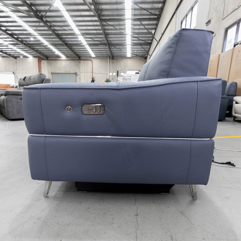 The RS-A0581-PRUKY 2 seat leather dual motor recliner suite - Ocean Blue - Floor Stock available to purchase from Warehouse Furniture Clearance at our next sale event.