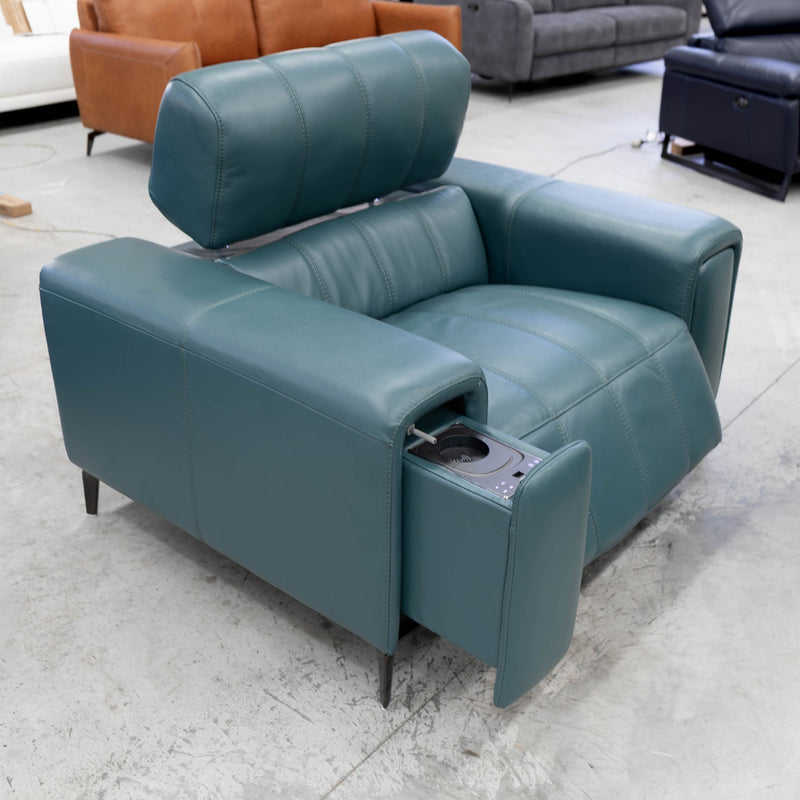 The RSHU-13250-PR Single dual motor leather theatre recliner - Green - Floor Stock available to purchase from Warehouse Furniture Clearance at our next sale event.