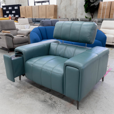 The RSHU-13250-PR Single dual motor leather theatre recliner - Green - Floor Stock available to purchase from Warehouse Furniture Clearance at our next sale event.