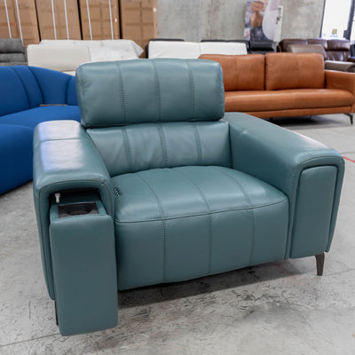 The RSHU-13250-PR Single dual motor leather theatre recliner - Green - Floor Stock available to purchase from Warehouse Furniture Clearance at our next sale event.
