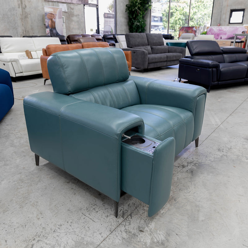 The RSHU-13250-PR Single dual motor leather theatre recliner - Green - Floor Stock available to purchase from Warehouse Furniture Clearance at our next sale event.