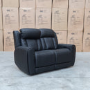 The Lauria Leather Two Seat Triple Motor Recliner Lounge with Air Massager - Black available to purchase from Warehouse Furniture Clearance at our next sale event.