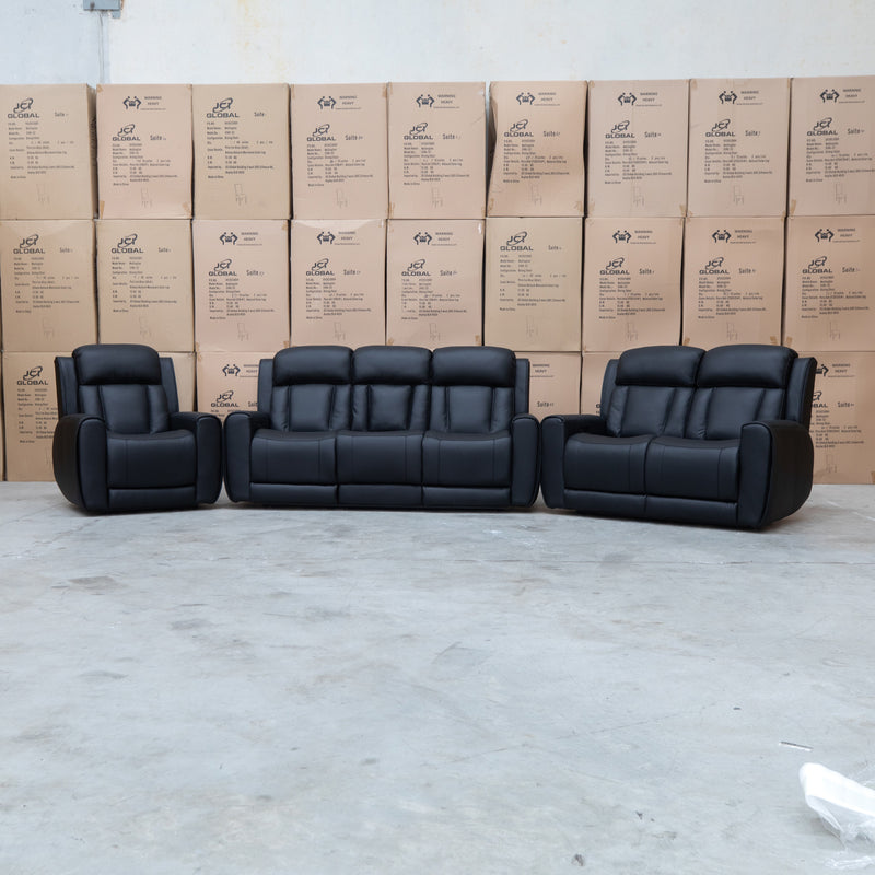 The Lauria Leather Two Seat Triple Motor Recliner Lounge with Air Massager - Black available to purchase from Warehouse Furniture Clearance at our next sale event.