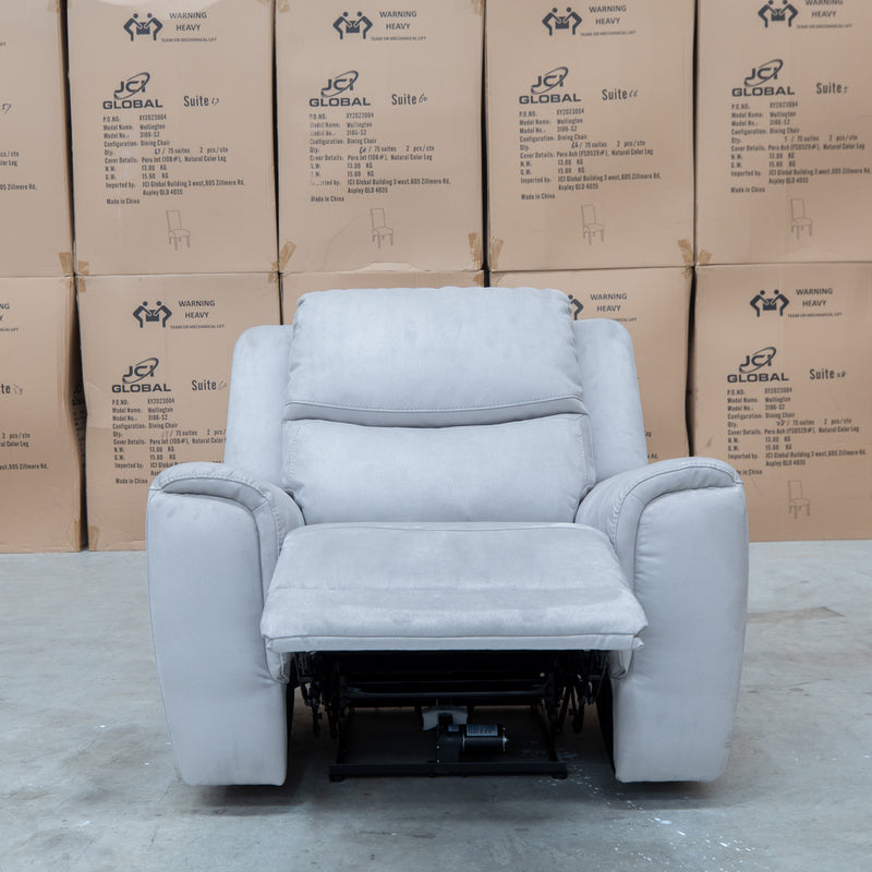 The Connor Triple Motor Electric Recliner - Light Grey available to purchase from Warehouse Furniture Clearance at our next sale event.