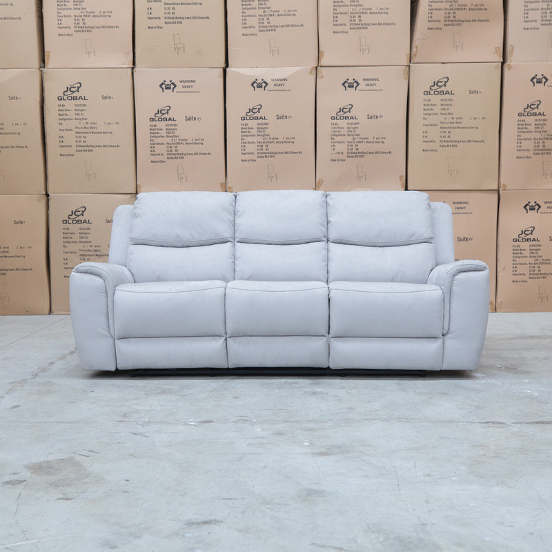 The Connor Three Seat Single Motor Electric Recliner Lounge - Light Grey available to purchase from Warehouse Furniture Clearance at our next sale event.