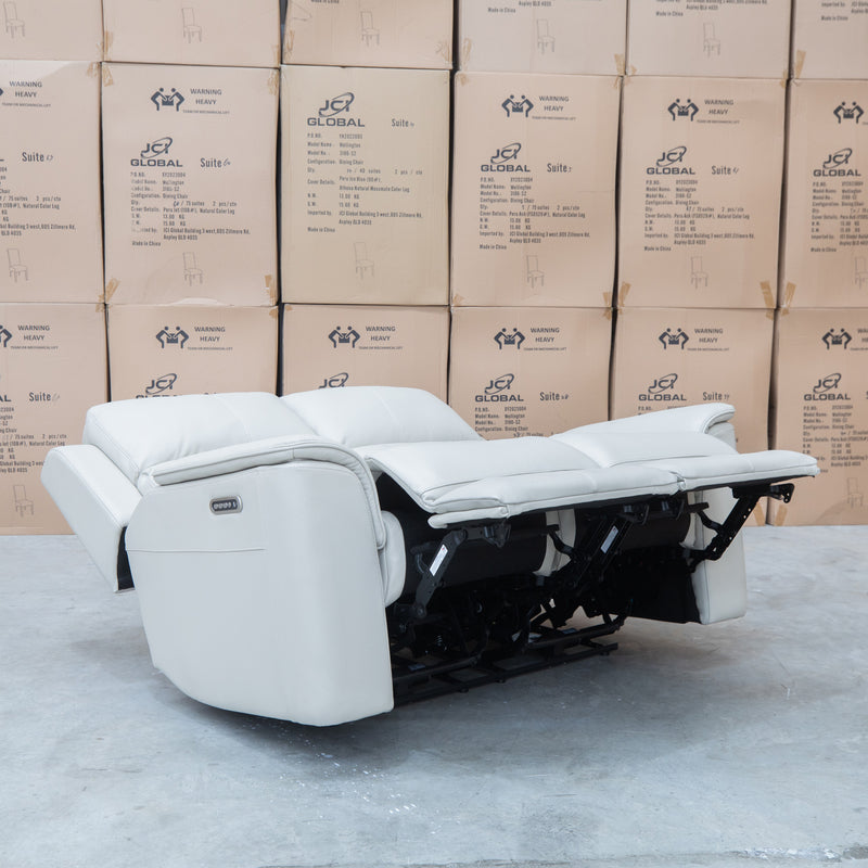 The Seattle Leather Two Seat Triple Motor Recliner Lounge - Beige available to purchase from Warehouse Furniture Clearance at our next sale event.