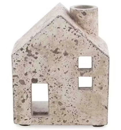 Rectangular Cement House Candle Holder with Chimney Medium  -  Raw Natural  - CF252 - Available In-Store Only