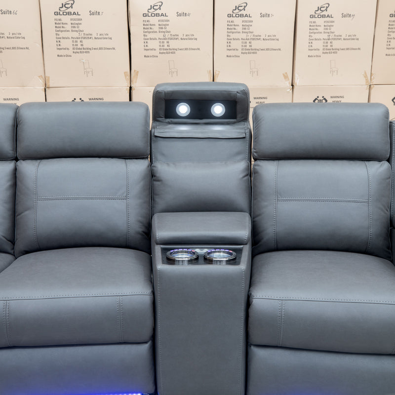 The Rhodes Four Seat Dual Motor Electric Recliner Theatre - Charcoal available to purchase from Warehouse Furniture Clearance at our next sale event.